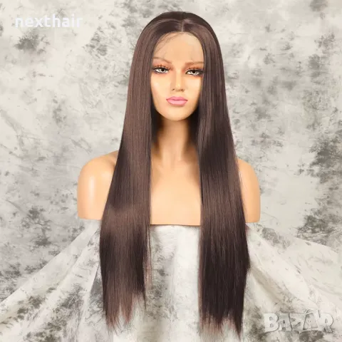 Дълга кестенява права перука 80 см с дантела 13×4×1, снимка 2 - Аксесоари за коса - 50229370