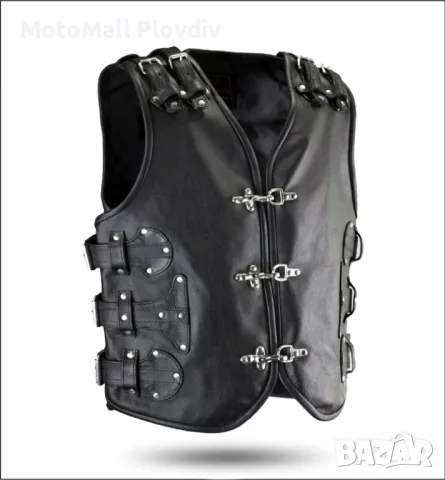 Кожен Елек MotoMall ROCK естествена кожа с катарами клубен черен от S до 8XL , снимка 2 - Аксесоари и консумативи - 48700931