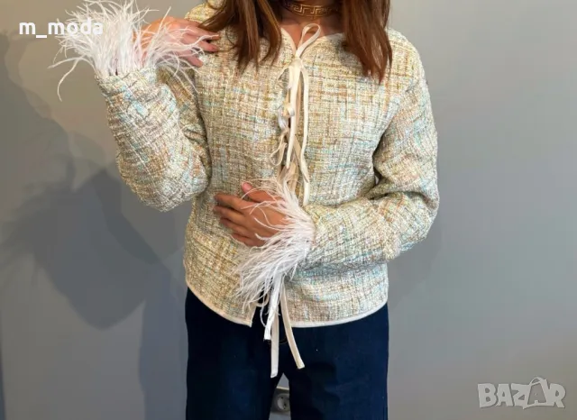 Сако тип букле с пера и панделки в два цвята, снимка 4 - Сака - 49964855