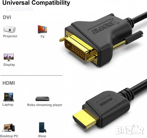 Benfei двупосочен HDMI към DVI адаптерен кабел (DVI-D 24+1 мъжки към HDMI мъжки високоскоростен 1080, снимка 2 - Кабели и адаптери - 37744726