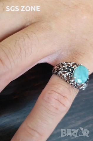 Мъжки сребърен пръстен с изумруд и марказит, снимка 5 - Пръстени - 53370966