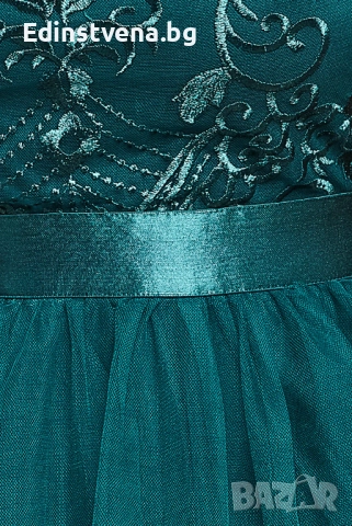 Дамска дълга рокля в изумрудено зелено от тюл с бродирана горна част и сатенен колан, снимка 4 - Рокли - 52392105