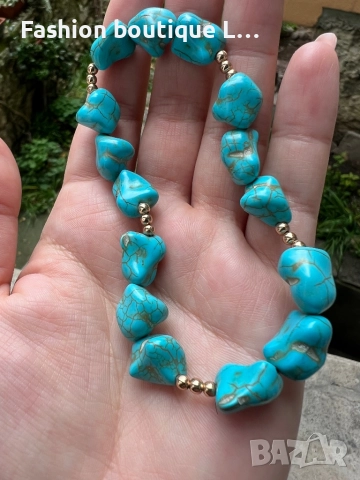 Гривна за крак или ръка с тюркоазени камъчета и златни топченца мъниста 🩵, снимка 4 - Гривни - 52376546