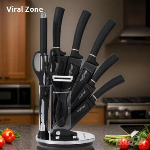 Комплект уреди за рязане Cheffinger – 9 части с мраморно покритие, стойка, точило и белачка, снимка 12 - Аксесоари за кухня - 53436168