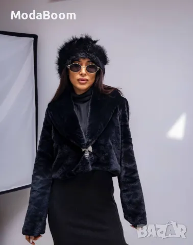 Стилно черно пухено дамско яке , снимка 4 - Якета - 47447766