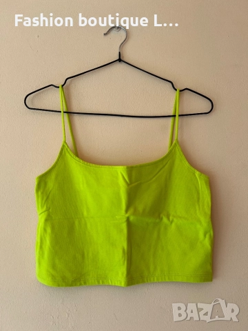 Памучен къс топ потник в цвят жълт неон с еластант 💛