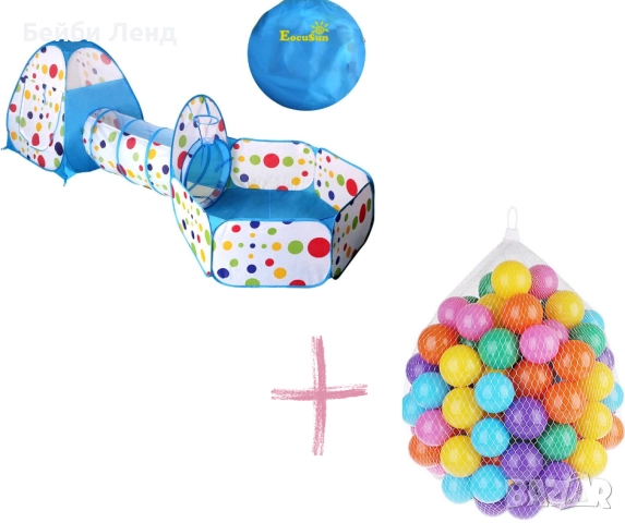 🏰 Детски игрален комплект 3в1 – палатка „Замък“, тунел и басейн с топки + кош за игра, снимка 2 - Мебели за детската стая - 52438296