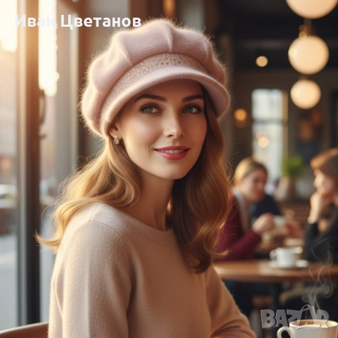 Дамска зимна плетена шапка с козирка и декоративни камъчета