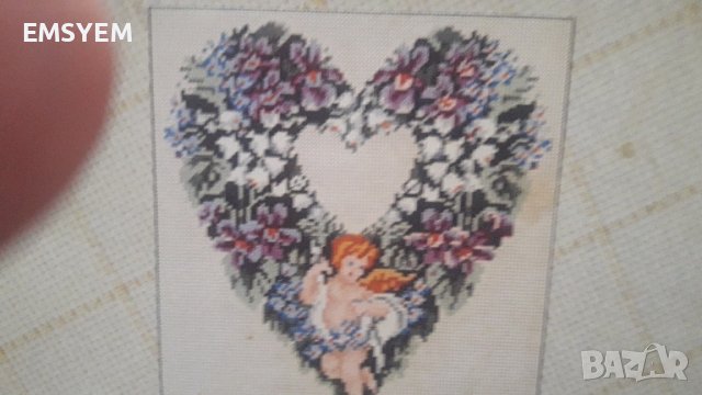 схема и конци за малко гобленче " Сърце с цветя ", снимка 3 - Гоблени - 44873299
