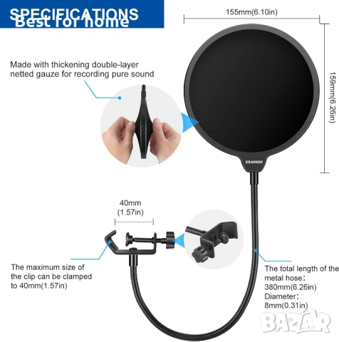 Професионална маска за поп филтър Aokeo за микрофон Blue Yeti и всякакви други, снимка 6 - Микрофони - 53445228