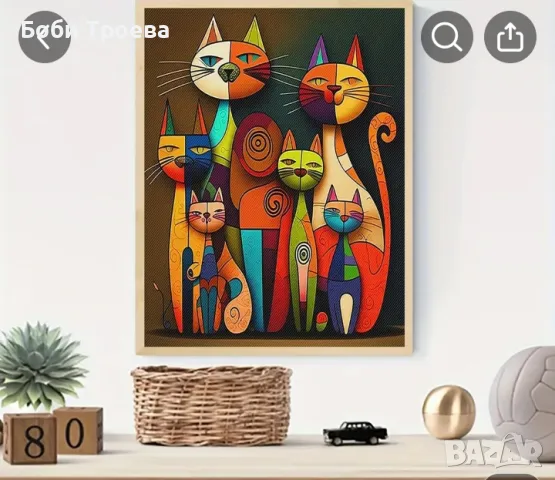 Цветно Абстрактно платно с рамка и фон на забавни цветни котки, снимка 3 - Картини - 48978467