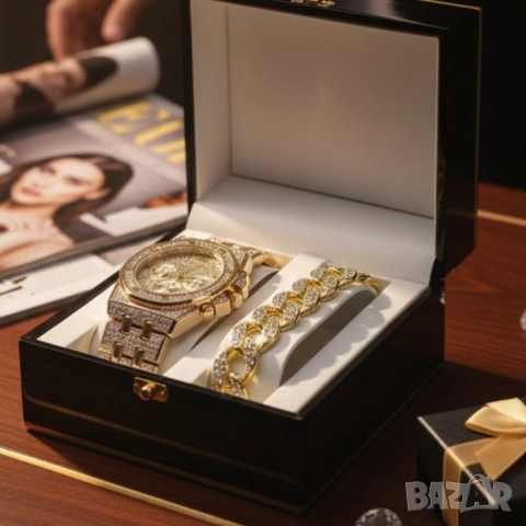 Универсален комплект часовник и гривна с кубинска плетка, снимка 5 - Бижутерийни комплекти - 51947521