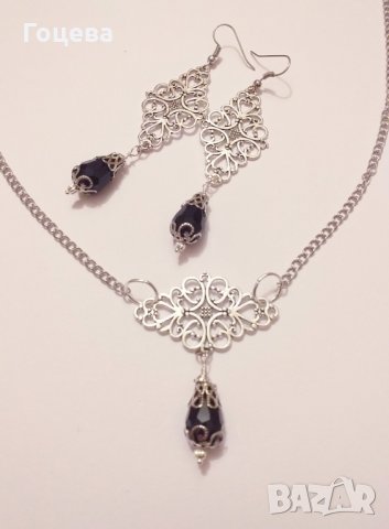 Разкошен Викториански комплект с Черни кристали и филигрирани орнаменти в цвят Сребро, снимка 6 - Бижутерийни комплекти - 28257261