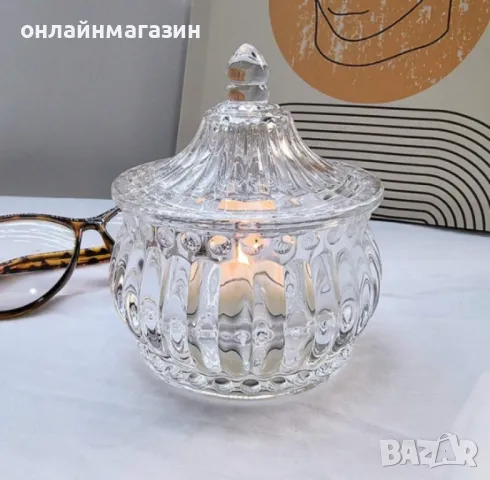 Стъклена захарница с капак, снимка 1