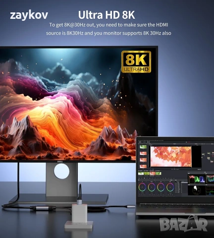 fairikabe 4K 120Hz HDMI към DisplayPort кабел с USB захранване за Xbox Series X,PS5, PS4 Pro, снимка 2 - Друга електроника - 53242249