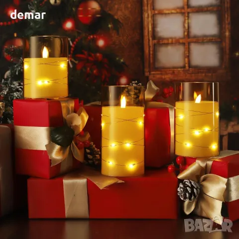 Glowtink 3 бр.LED свещи акумулаторни безпламъчни, дистанционен таймер, мигащи, декор, 4" 5" 6",жълти, снимка 4 - Декорация за дома - 47378601