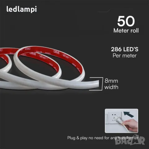 LED лента COB 220V IP65 286LED Топло Бяла Светлина 50m/ролка, снимка 4 - Лед осветление - 48282528