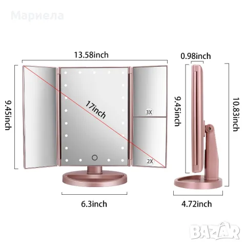 Трикратно осветено огледало с 21 LED светлини, сензорен екран и 3X/2X/1X увеличение, снимка 4 - Други - 47339435