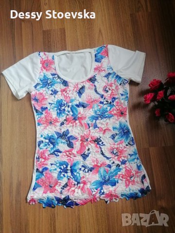 Бяла тениска с едра дантела и цветя, снимка 1