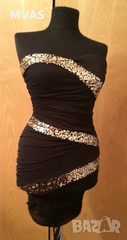  Черна къса рокля Tally Weijl XS със златно парти рокля , снимка 3 - Рокли - 32919092