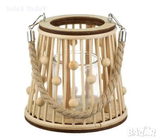 Декоративен фенер с дървени топчета, поставка за свещ, Ø16x15cm 