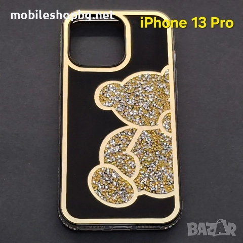 iPhone 14 Pro /iPhone 13 Pro кейс мече с камъчета златист, снимка 4 - Калъфи, кейсове - 52036560