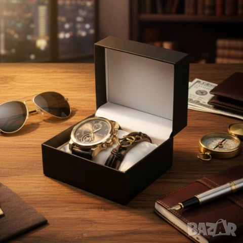 Елегантен мъжки комплект – часовник с черна каишка и гривна с метален щит, снимка 11 - Други - 51947391