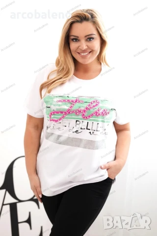 Дамска блуза с големи размери и пайети, 3цвята , снимка 2 - Тениски - 50505868