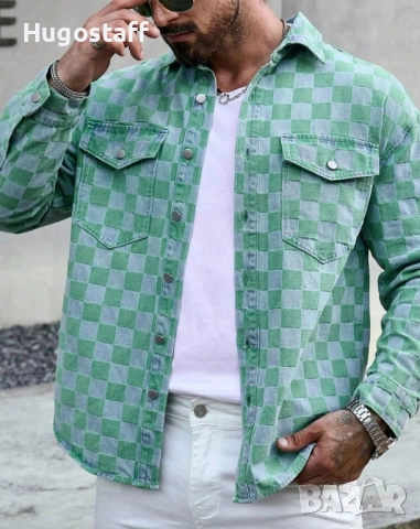 Ново мъжко дънково яке зелено шах деним памук ХХЛ, снимка 2 - Якета - 52159109