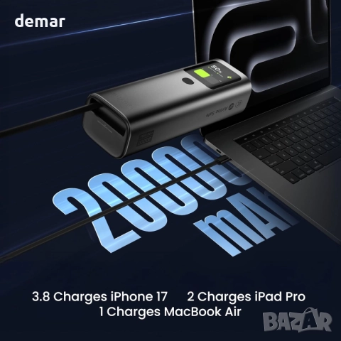 Външна батерия sharge 165W 20000mAh, вграден прибиращ се кабел,3 порта, снимка 3 - Външни батерии - 52705897