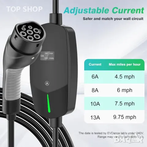 EVDANCE EV зарядно тип 2, 8 метра, 6/8/10/13A, регулируем ток, IP66, снимка 2 - Аксесоари и консумативи - 49937553