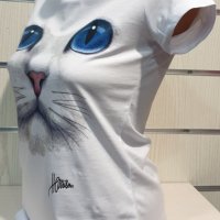 Страхотна нова дамска тениска с 3D принт котка със сини очи, снимка 6 - Тениски - 28344647
