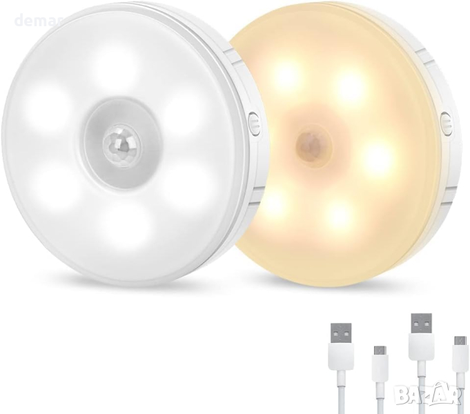 LED нощна лампа с топло/студено бяло, сензор за движение, вътрешни USB акумулаторни лампи - 2 броя, снимка 1