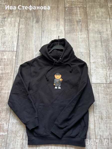 Спортна памук памучна черна ватирана блуза суичър суитшърт с качулка с мече, снимка 1