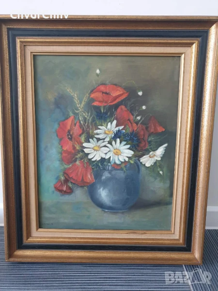 Mathys 68х58см/стара картина масло върху платно/натюрморт кана с цветя/1979/дървена рамка, снимка 1