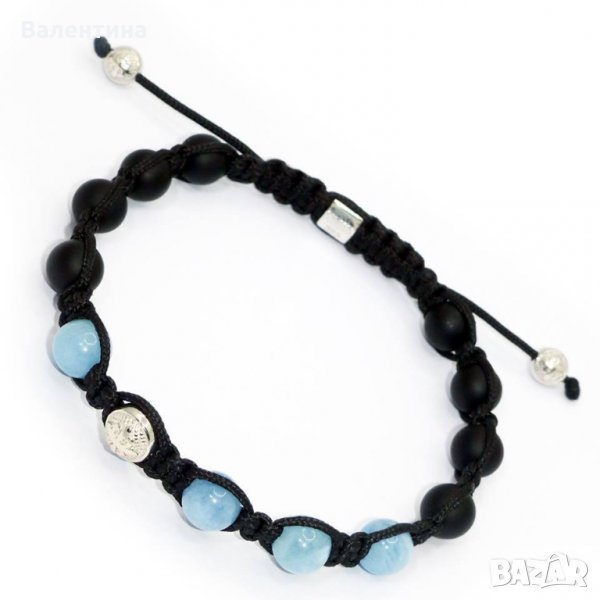 Мъжка гривна от аквамарин,оникс и сребърни мъниста, снимка 1