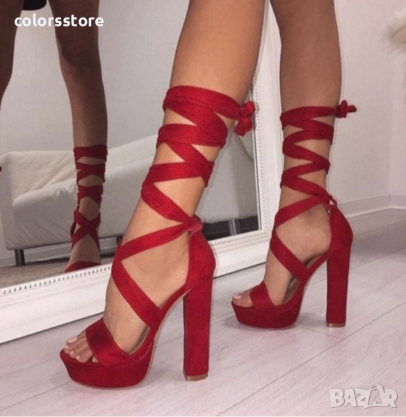 Сандали на ток - червен велур - 2893-2, снимка 1