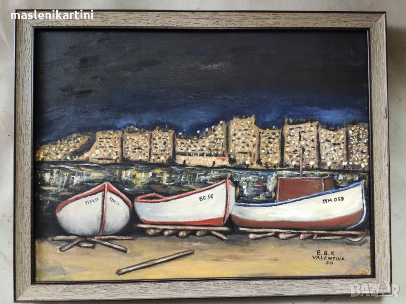 Маслена картина Нощен морски пейзаж с лодки, снимка 1