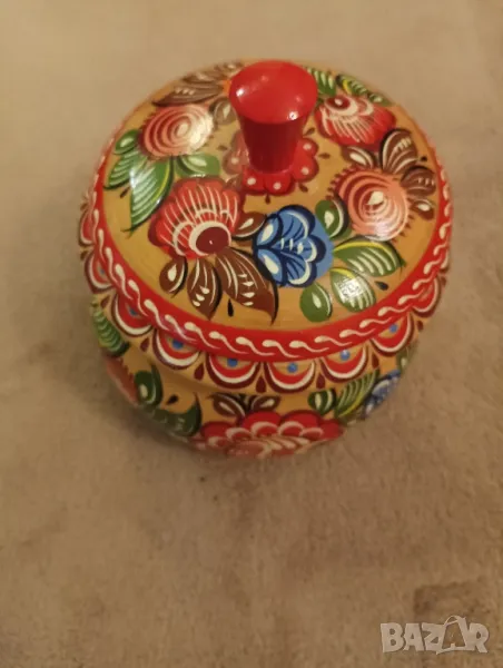 Винтидж руска дървена захарница, ръчно рисувана. , снимка 1