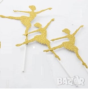 Балерина с вдигнат крак картонен златист топер украса декор за торта мъфини парти декор балет, снимка 1