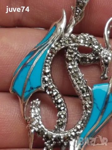 СРЕБЪРНА ВИСУЛКА-ДРАКОН С ТЮРКОАЗ И МАРКАЗИТИ, снимка 3 - Колиета, медальони, синджири - 50231334
