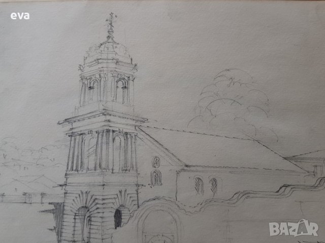 Майсторска рисунка молив Тома Петров Църква Св. Богородица в Пловдив 1946 , снимка 3 - Картини - 40069465