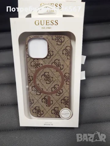Защитен калъф Guess с метално лого PU, за iPhone14,Magsafe, кафяв