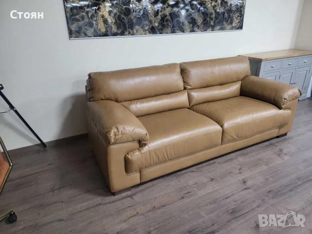Светло кафяв кожен диван тройка, снимка 10 - Дивани и мека мебел - 43285723