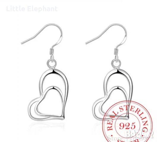Sale Сребърни висящи обеци сърца"Double"/нови