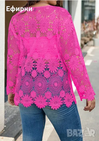 Дантелена  блуза, Цикламена блуза, Красива туника, Розов блузон, Модерна блуза, снимка 2 - Блузи с дълъг ръкав и пуловери - 48865146