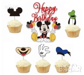 5+1 Мики Маус Mickey Mouse Happy Birthday Картонен топер за торта и мъфини украса декор рожден ден , снимка 1 - Други - 32366067