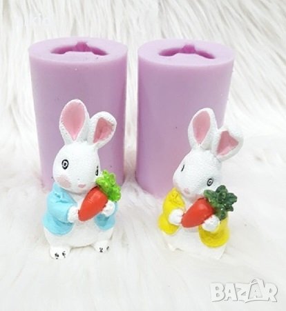 3d Зайче заек с морков цилиндър силиконов молд форма калъп фондан шоколад гипс свещ сапун, снимка 2 - Форми - 36906594
