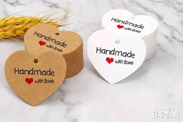 50 бр обли сърце сърца Handmade with love Тагове табелки етикети картонени подаръци ръчна изработка, снимка 2 - Други - 49876426