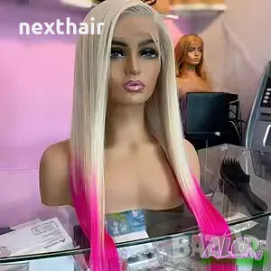 Лейс фонт права руса перука два цвята с розови краища